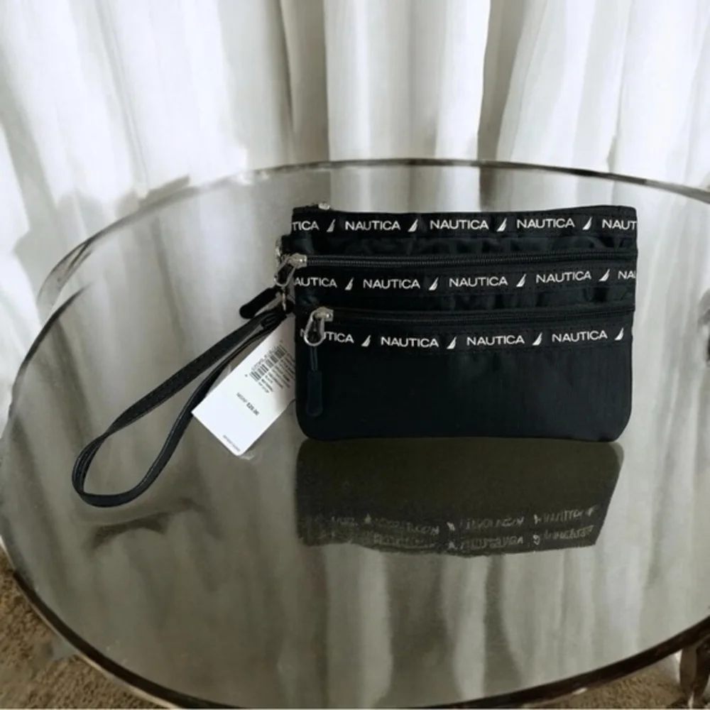 Nautica Women’s Black Nylon Triple Zip Wristlet Clutch Bag Travel NWT